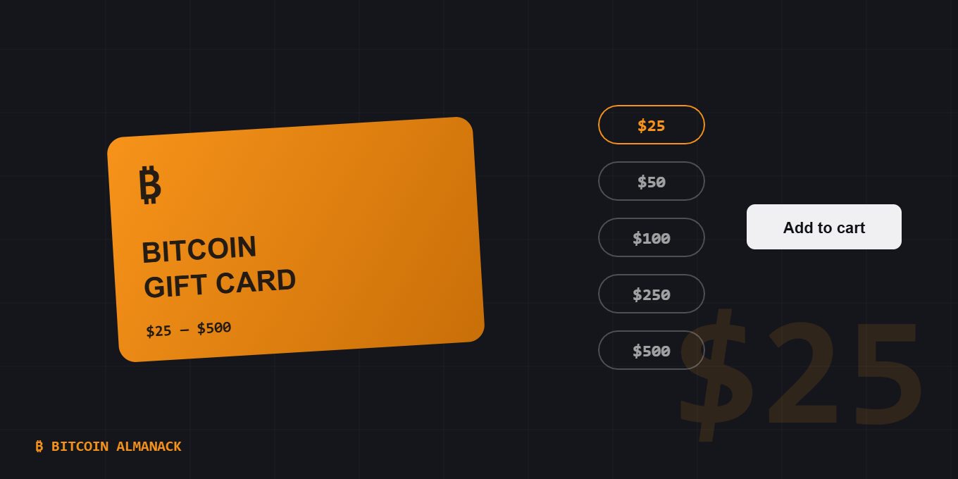 A bitcoin gift card listing with $25 to $500 denominations and an add-to-cart button, TikTok Shop style.