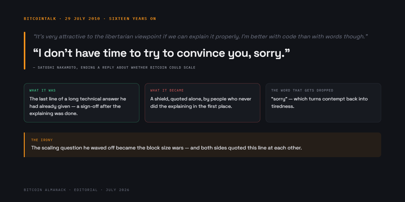 Satoshi’s Most Misused Line, Sixteen Years On — hero image